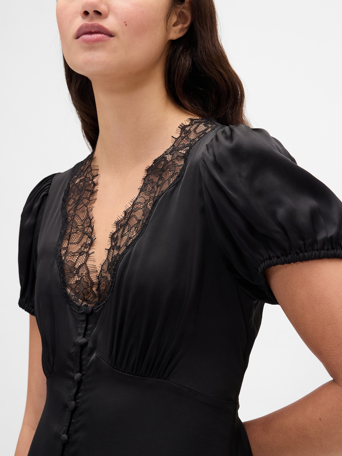 Satin Lace-Trim V-Neck Mini Dress