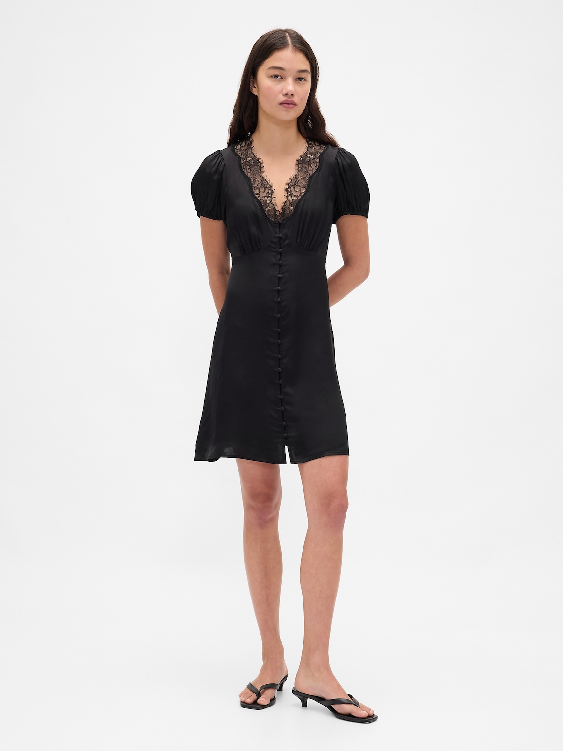 Satin Lace-Trim V-Neck Mini Dress