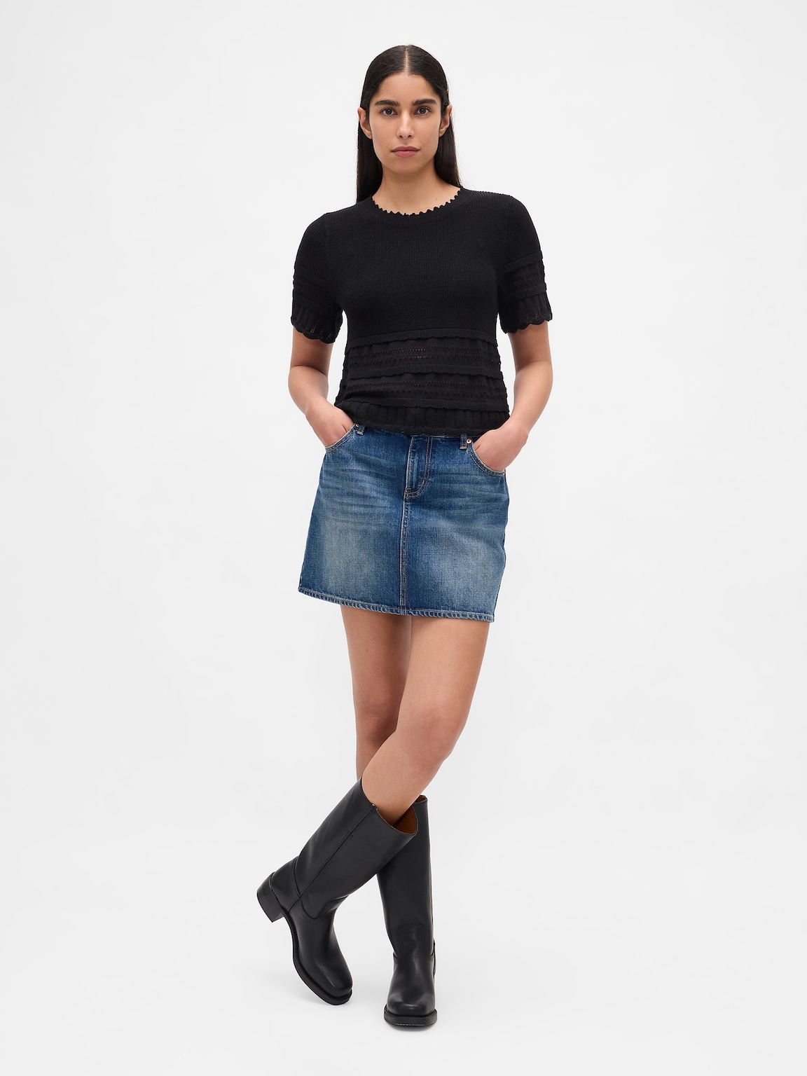Linen-Blend Pointelle Sweater Crop Top