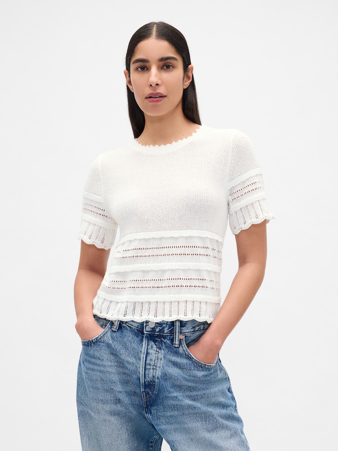 Linen-Blend Pointelle Sweater Crop Top