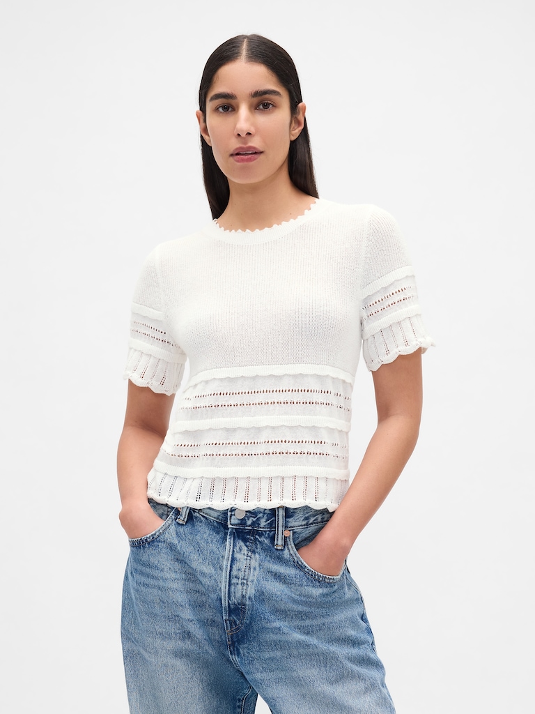 Linen-Blend Pointelle Sweater Crop Top