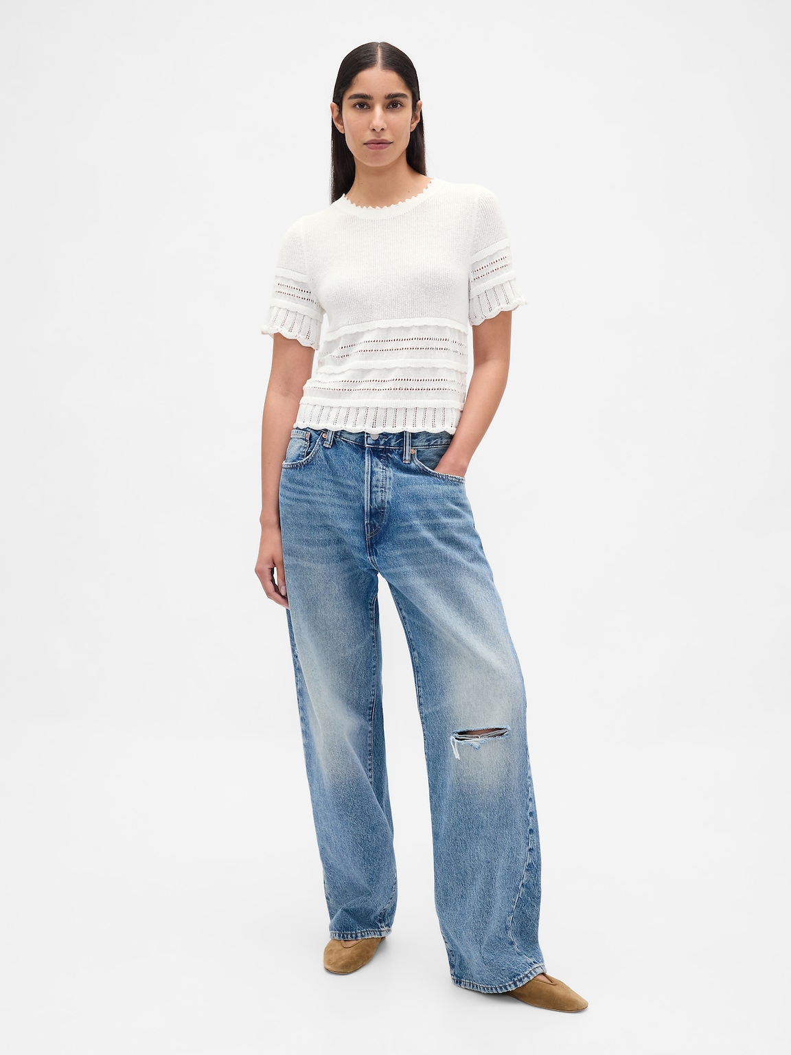 Linen-Blend Pointelle Sweater Crop Top