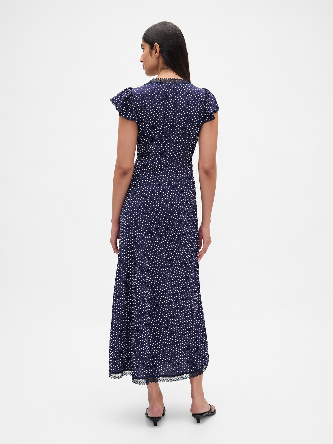 Lace-Trim V-Neck Crepe Maxi Dress