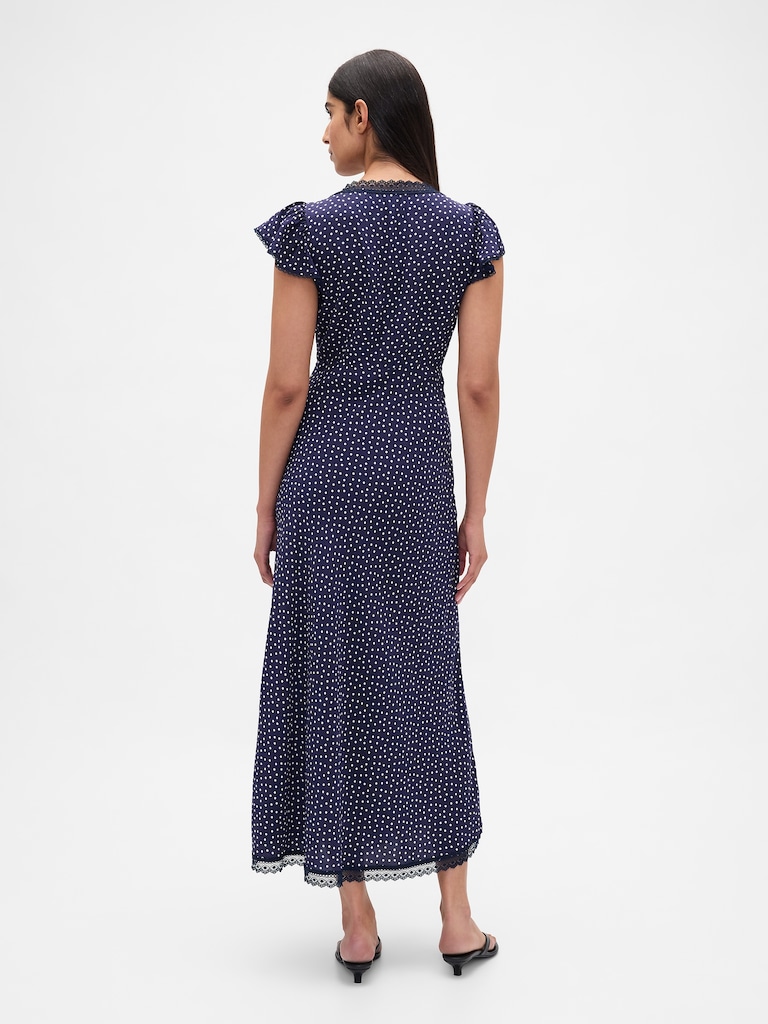 Lace-Trim V-Neck Crepe Maxi Dress