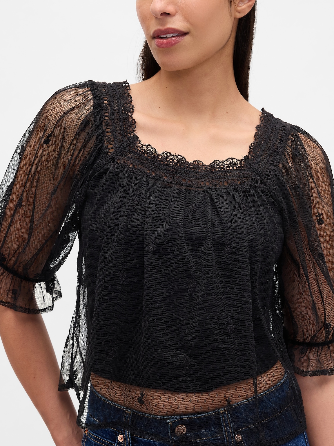 Sheer Tulle Embroidered Top