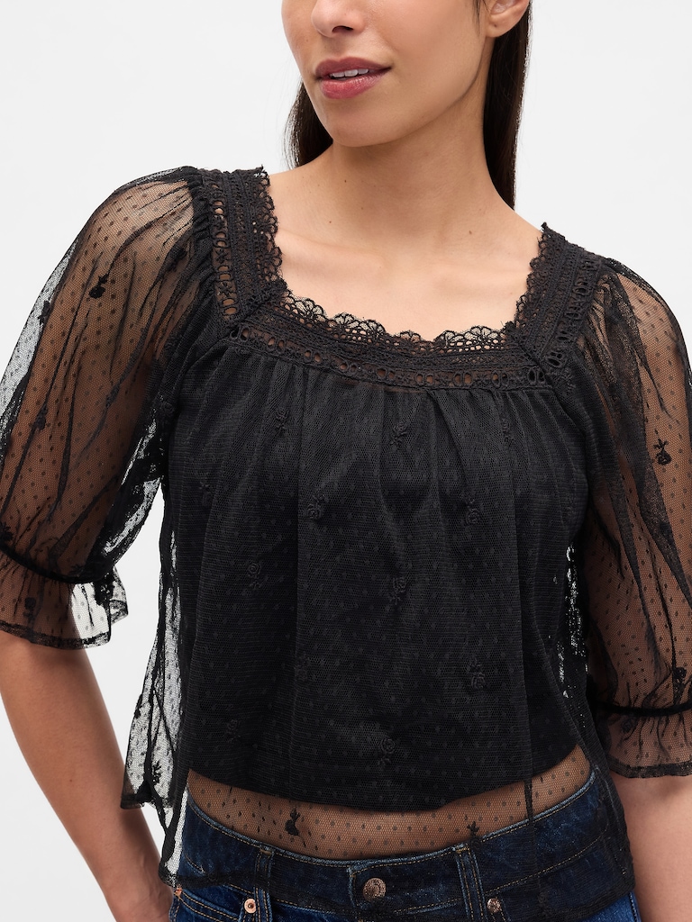 Sheer Tulle Embroidered Top