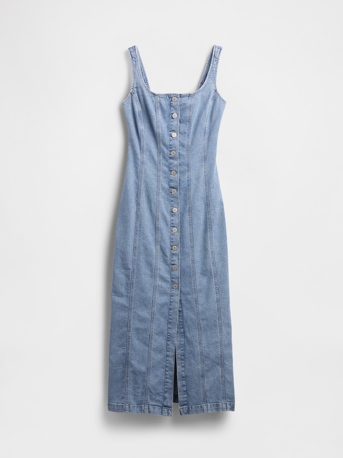 Denim Seamed Button-Front Maxi Dress