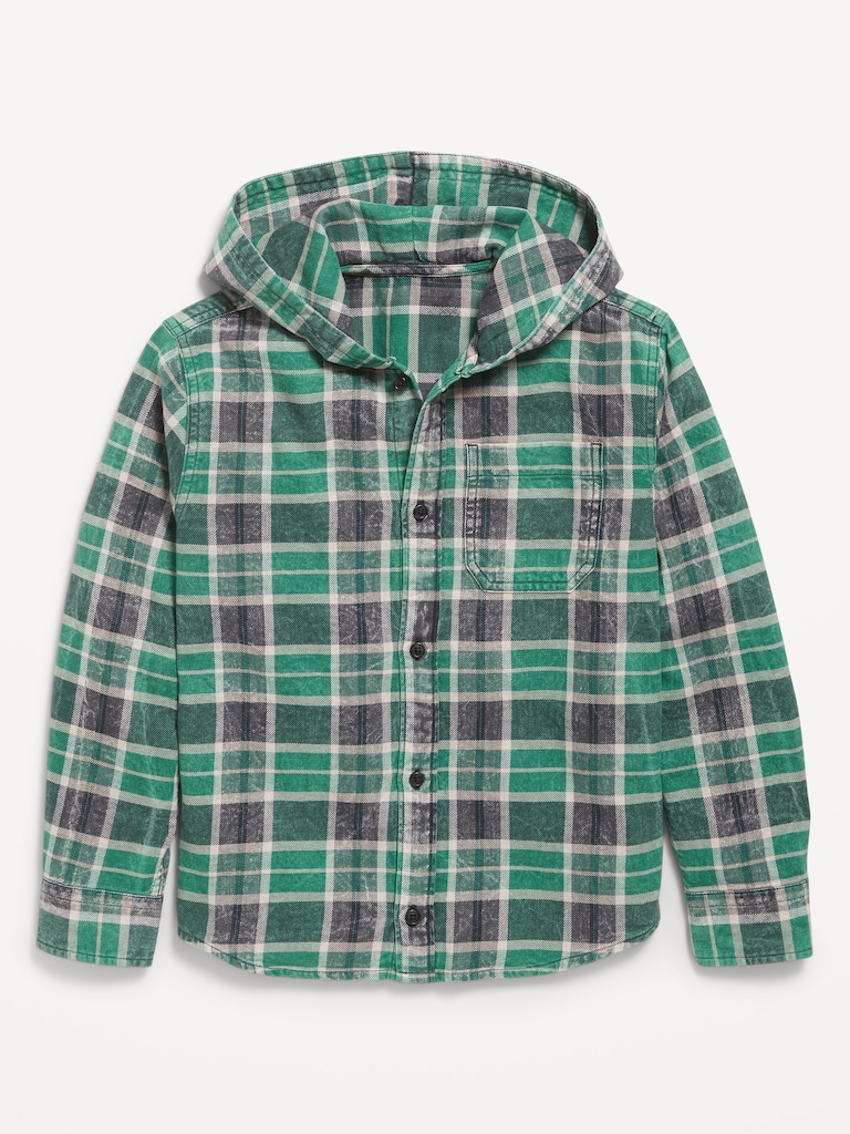 Long-Sleeve Plaid Washed Flannel Hooded Shirt for Boys