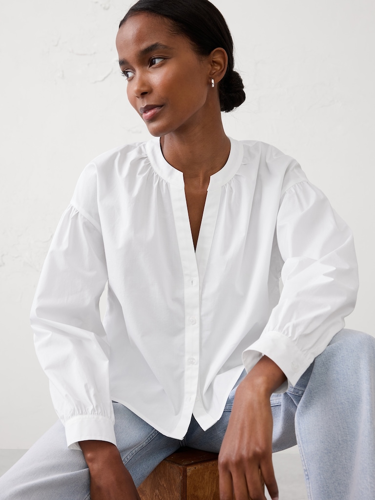 Poplin Puff-Sleeve Buttoned Top