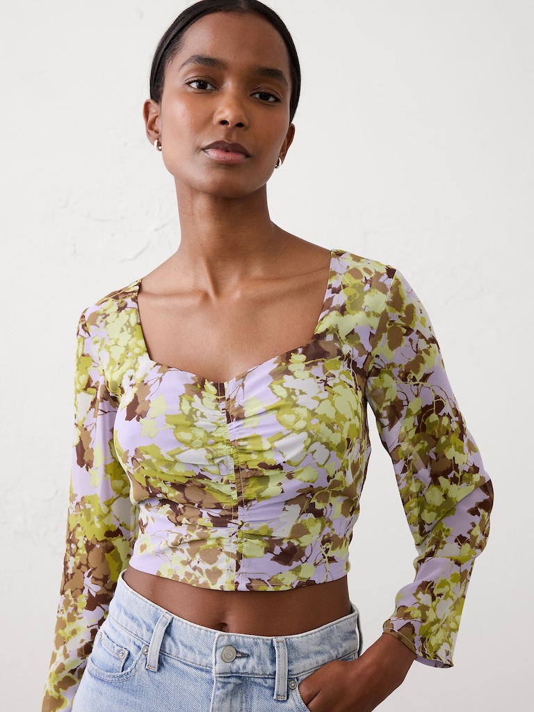 Cropped Shirred Sweetheart-Neck Top