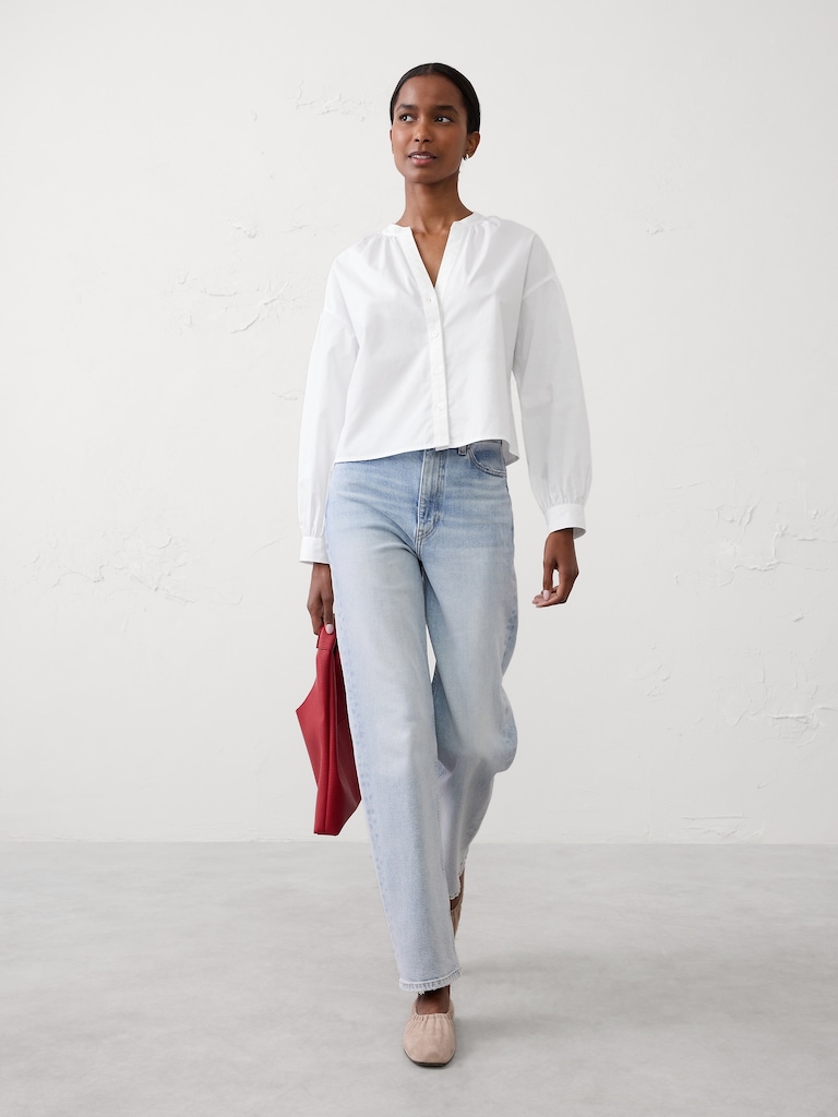 Poplin Puff-Sleeve Buttoned Top