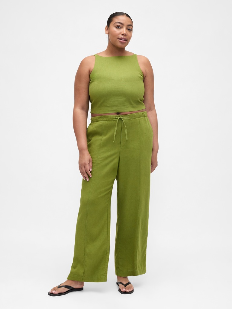 Mid Rise Linen-Blend Pull-On Wide-Leg Pants