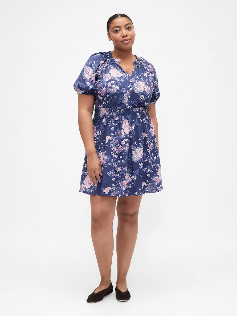 Relaxed Smocked Splitneck Mini Dress