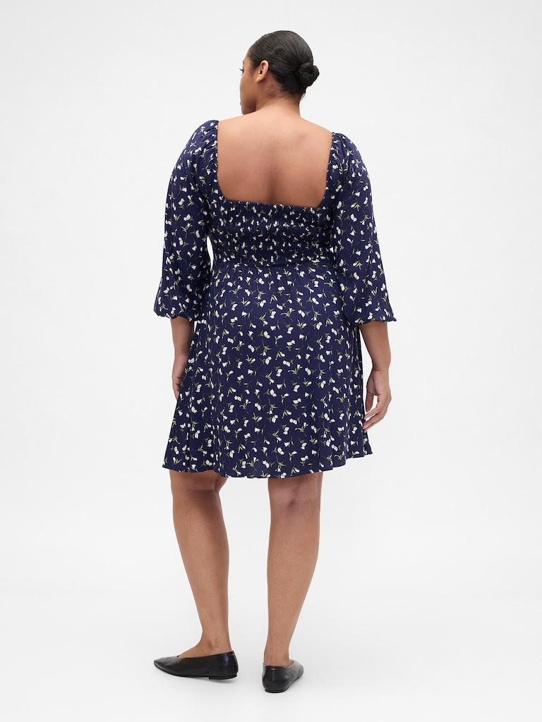 Smocked Print Mini Dress