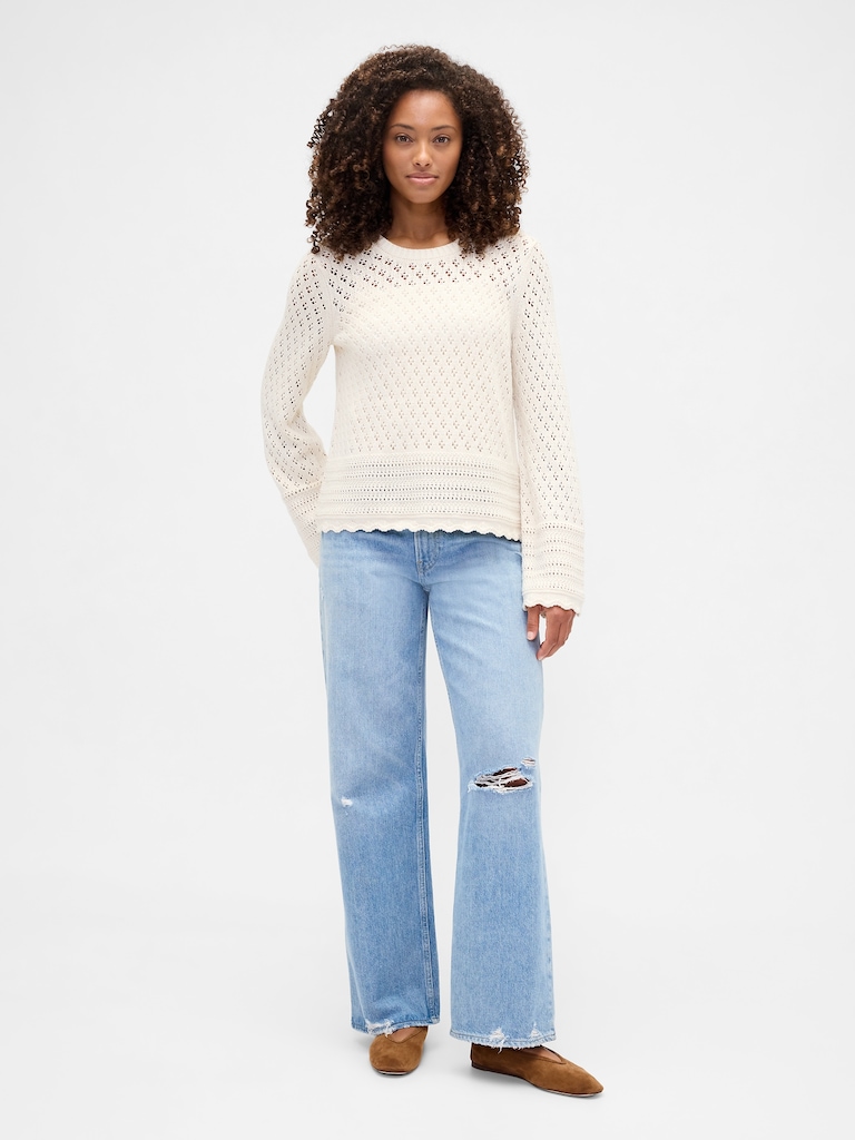 Relaxed Pointelle Balloon-Sleeve Sweater