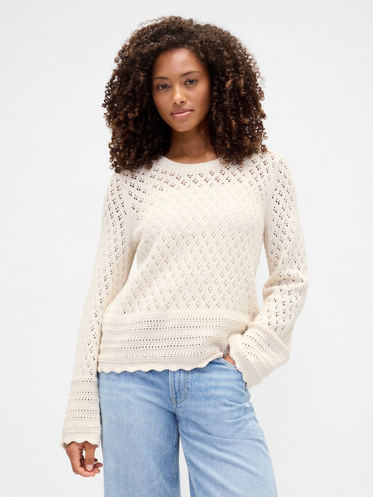 Relaxed Pointelle Balloon-Sleeve Sweater