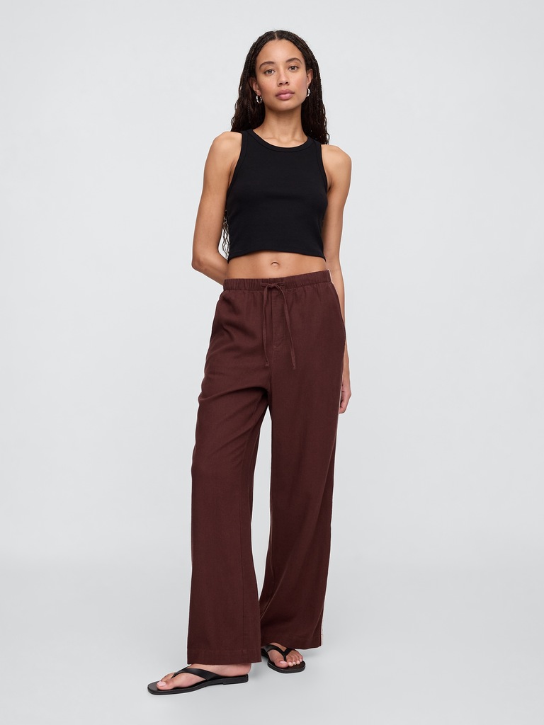 Mid Rise Linen-Blend Wide-Leg Pants