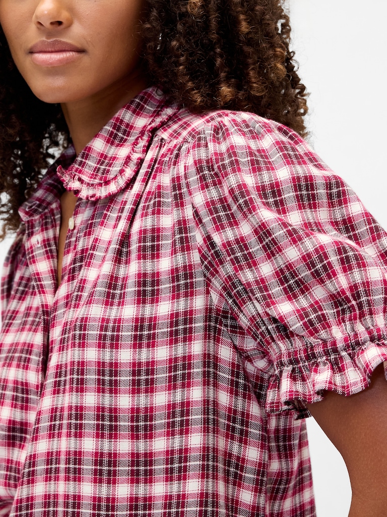 Relaxed Flannel Puff Sleeve Shirt