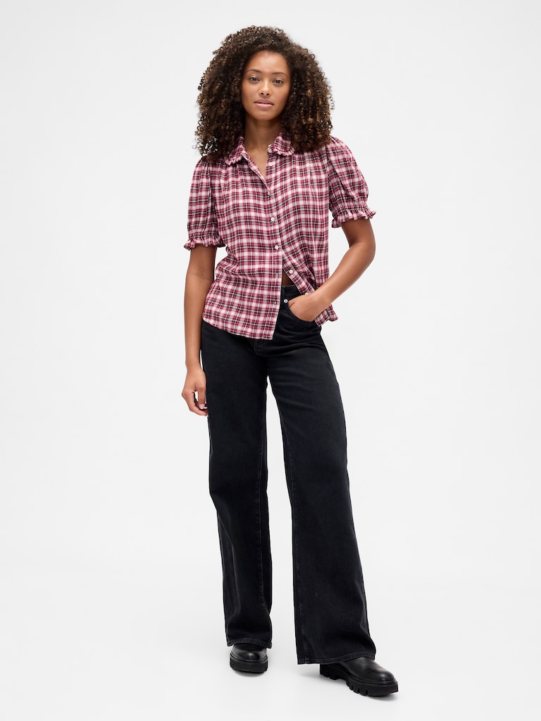 Relaxed Flannel Puff Sleeve Shirt
