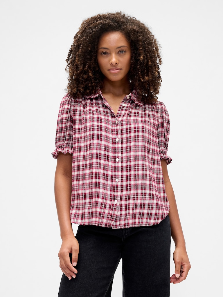 Relaxed Flannel Puff Sleeve Shirt