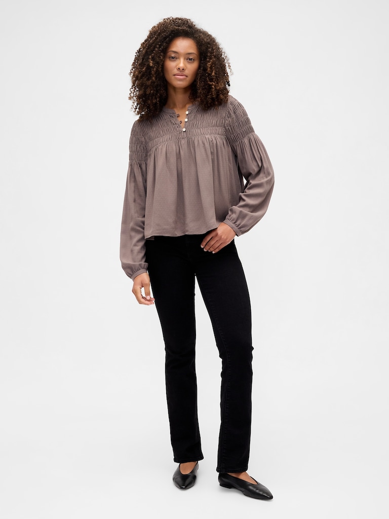 Relaxed Smocked Balloon-Sleeve Top