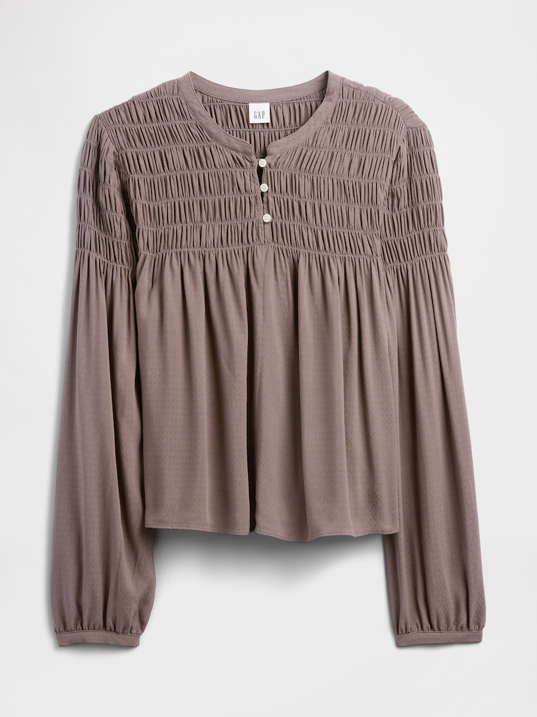 Relaxed Smocked Balloon-Sleeve Top