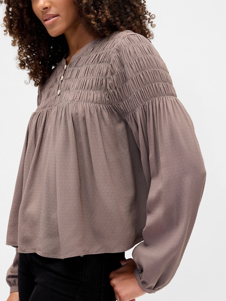Relaxed Smocked Balloon-Sleeve Top
