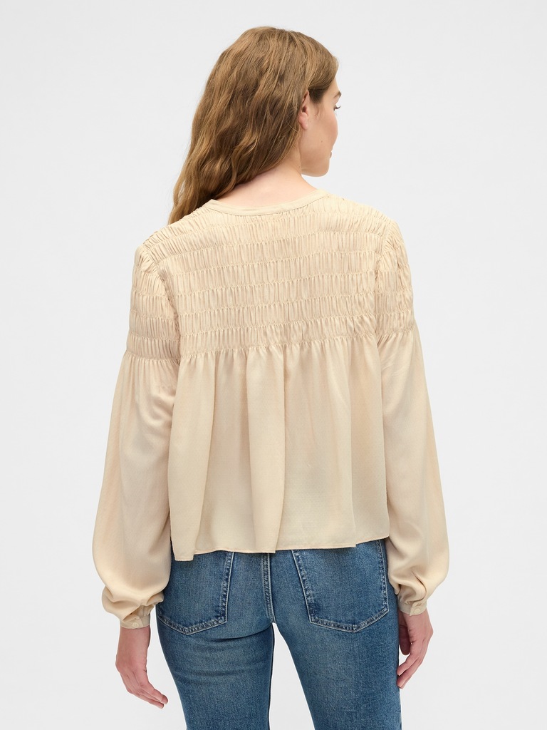 Relaxed Smocked Balloon-Sleeve Top