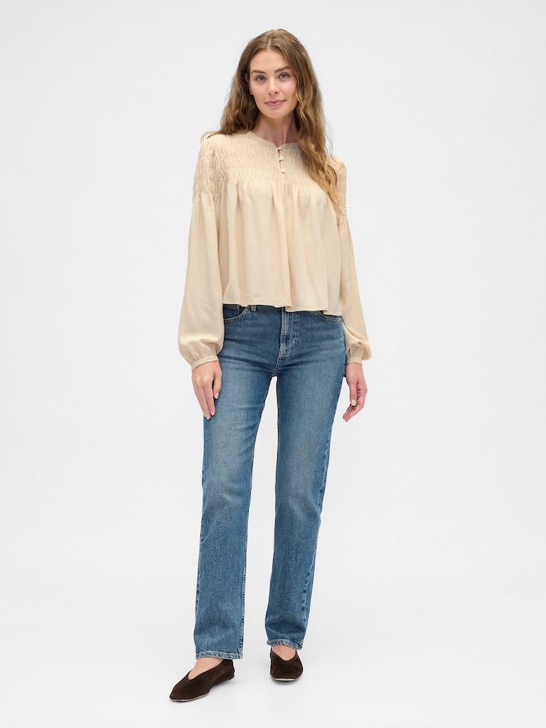 Relaxed Smocked Balloon-Sleeve Top