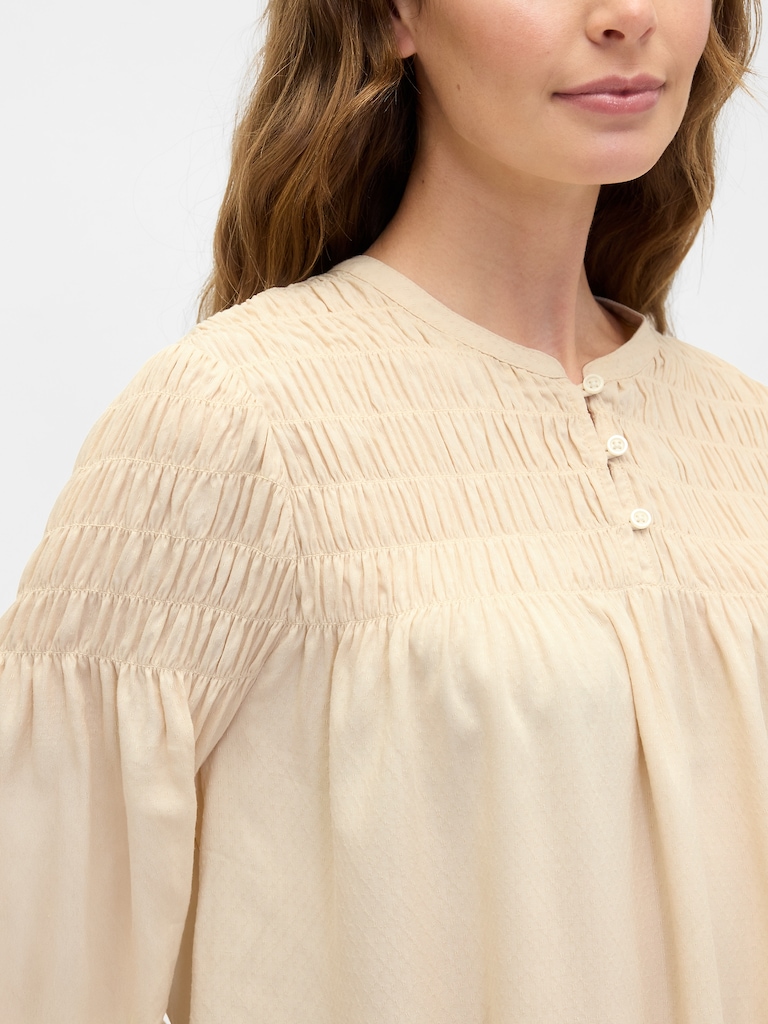 Relaxed Smocked Balloon-Sleeve Top
