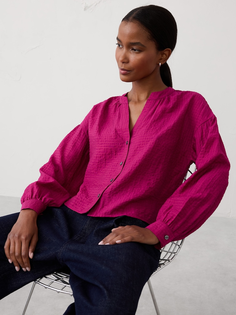 Jacquard Puff-Sleeve Top