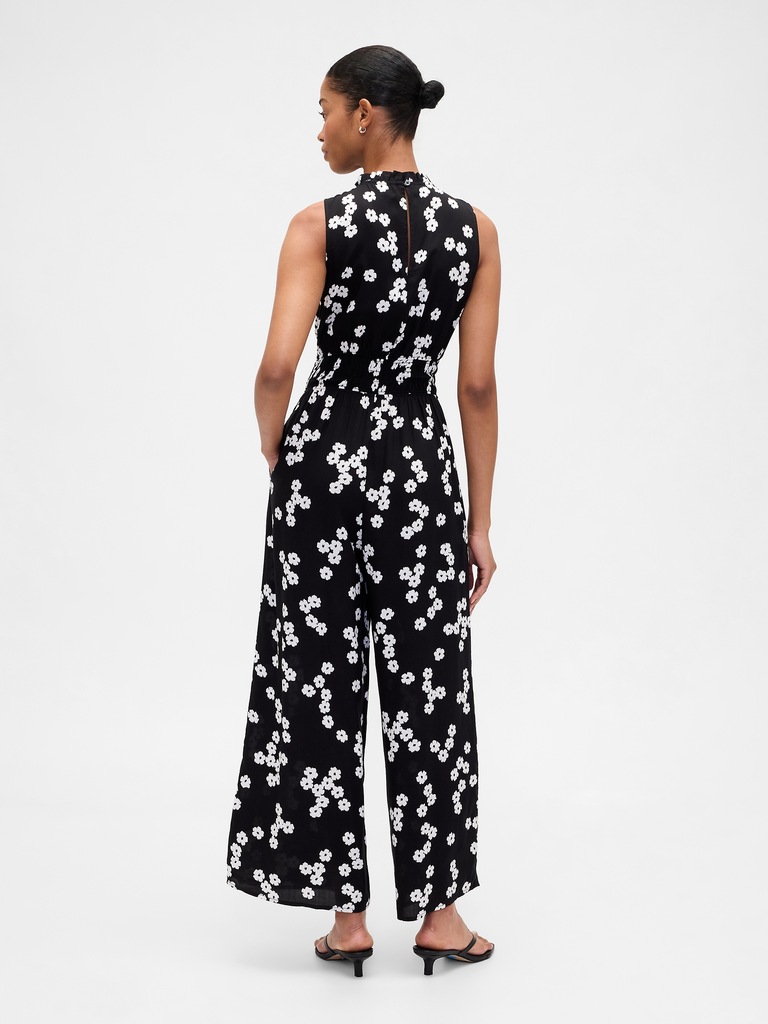 Smocked Wide-Leg V-Neck Jumpsuit