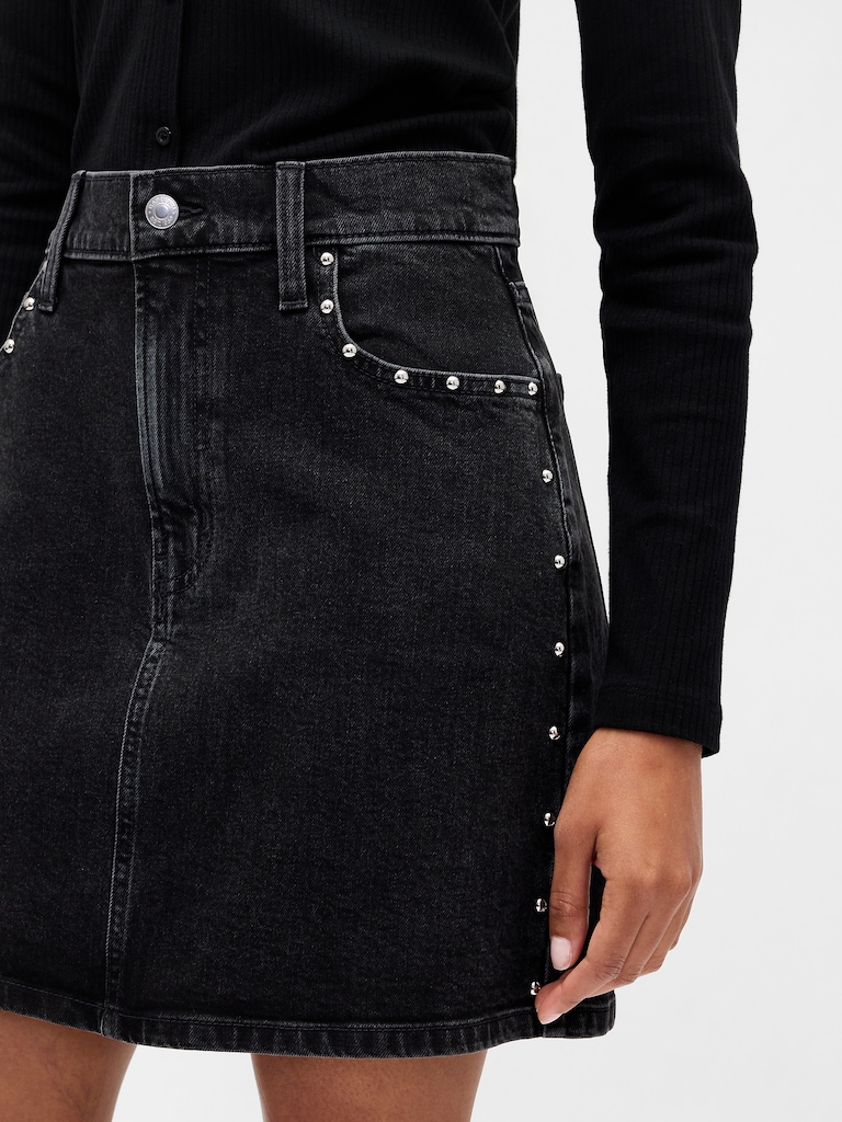 High Rise Studded Denim Mini Skirt