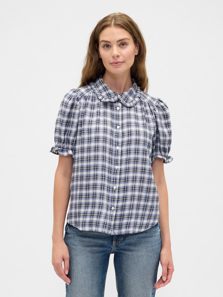 Relaxed Flannel Puff Sleeve Shirt