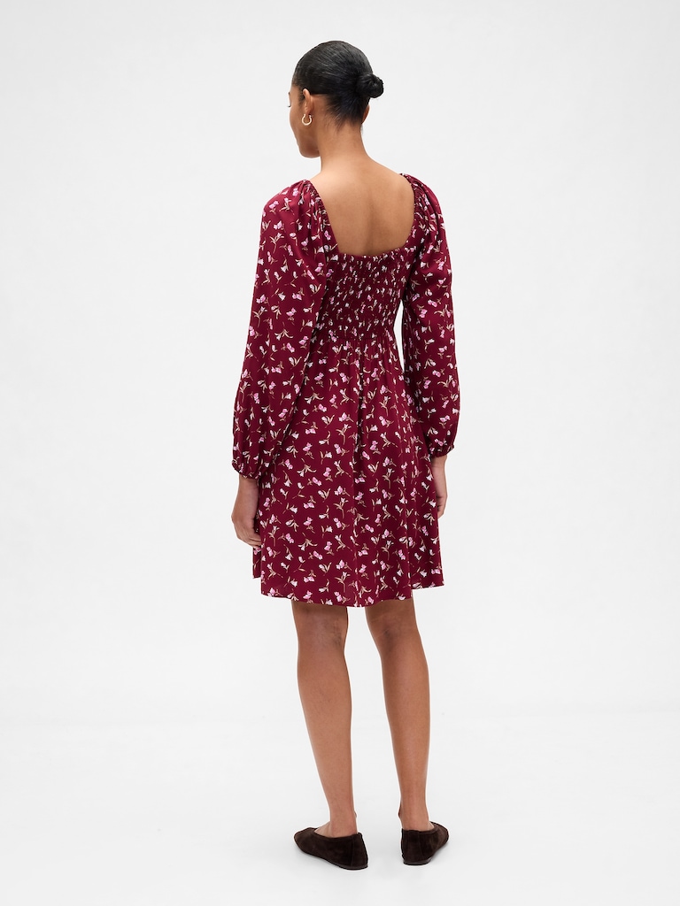 Smocked Print Mini Dress