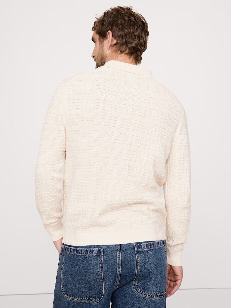 Plaid Texture Cotton Polo Cardigan