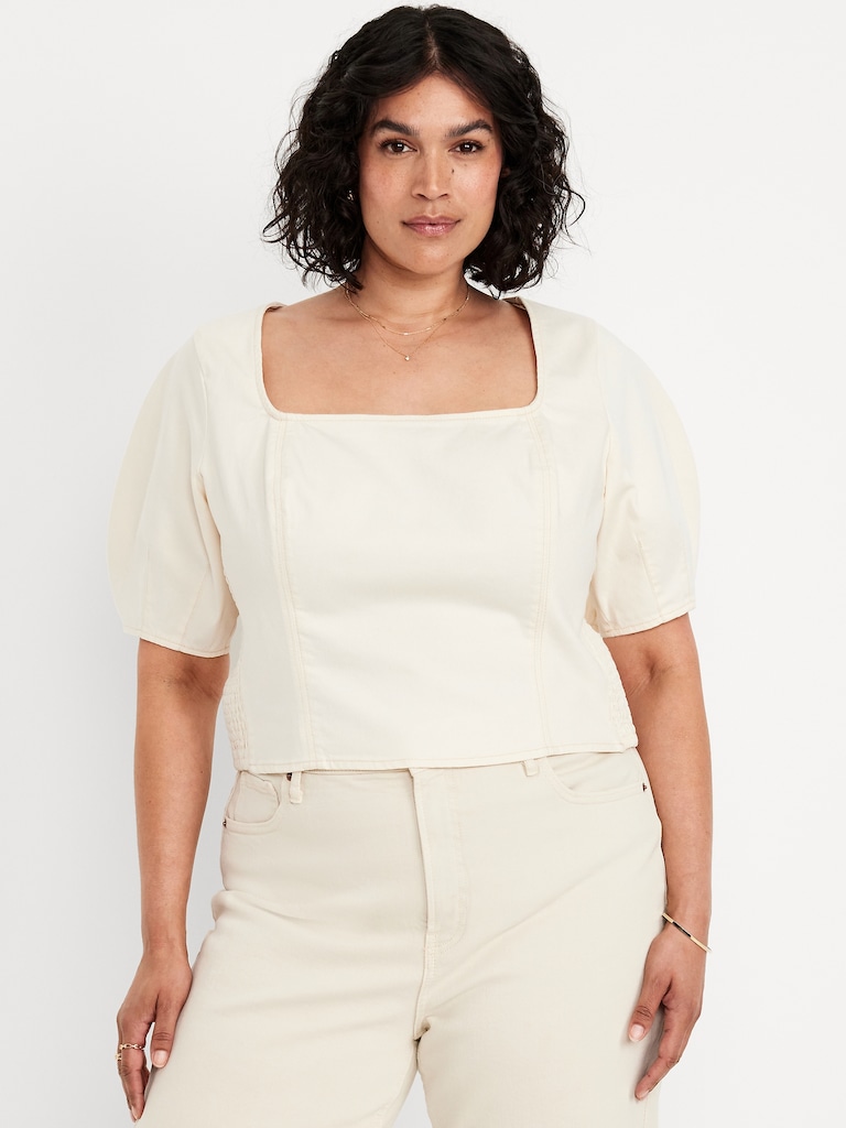 Square-Neck Seamed Denim Top