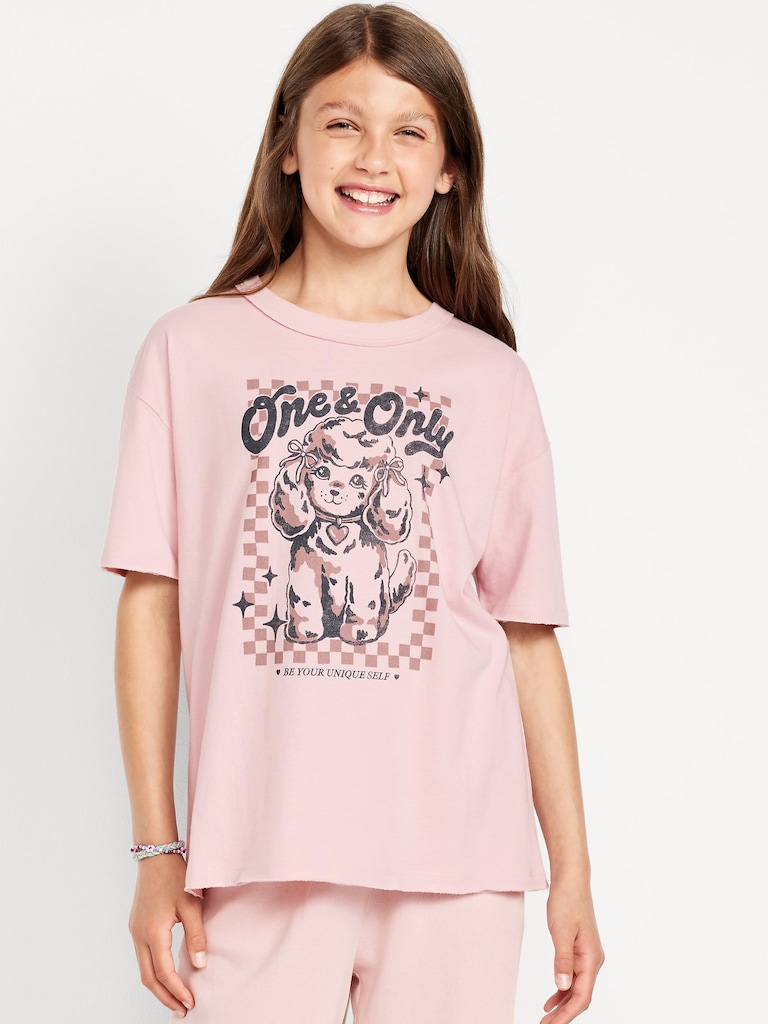Oversized Short-Sleeve Graphic Raw-Edge T-Shirt for Girls