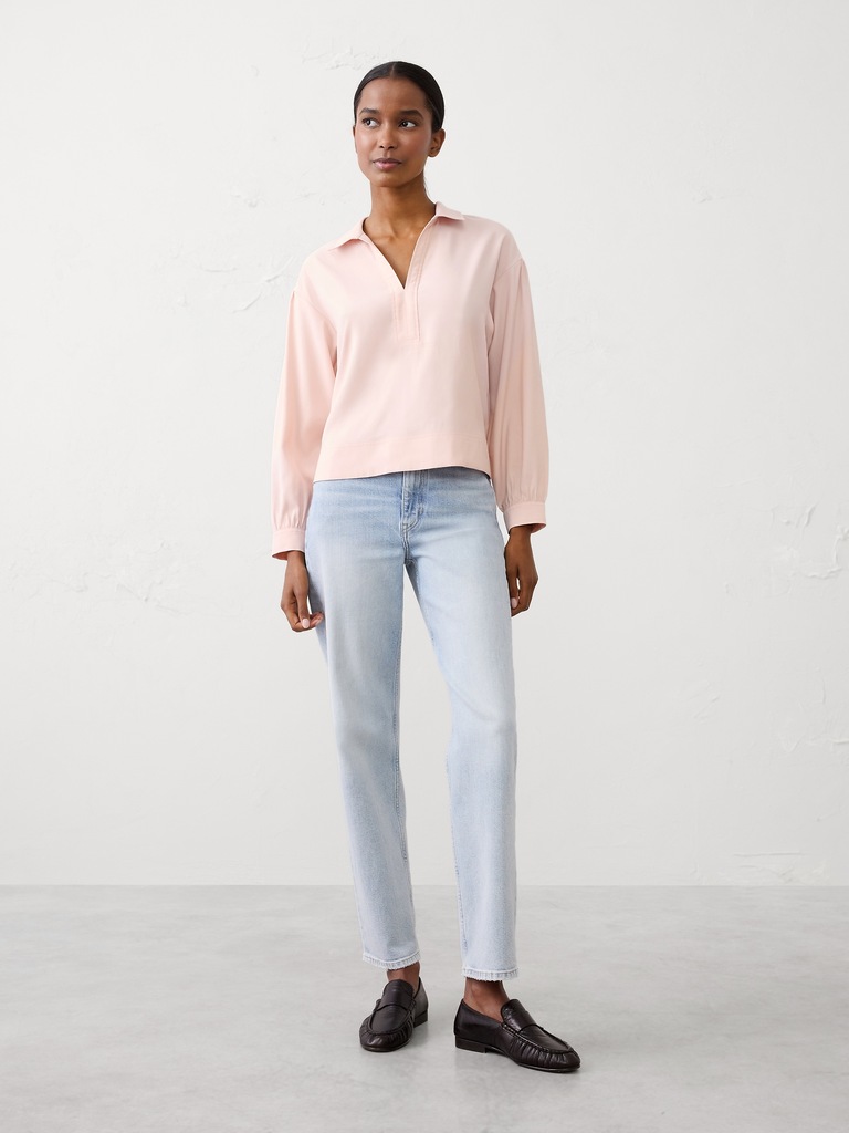 Johnny-Collar Twill Popover Top