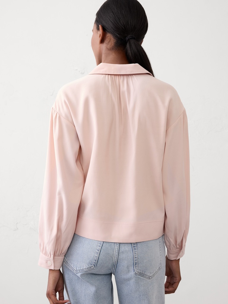 Johnny-Collar Twill Popover Top