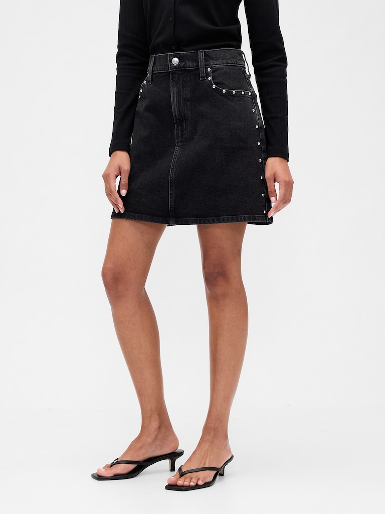 High Rise Studded Denim Mini Skirt