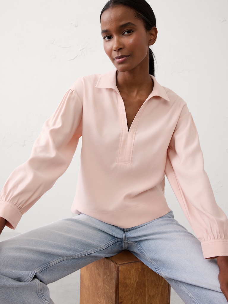 Johnny-Collar Twill Popover Top