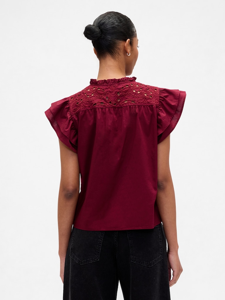 Relaxed Poplin Flutter Sleeve Top