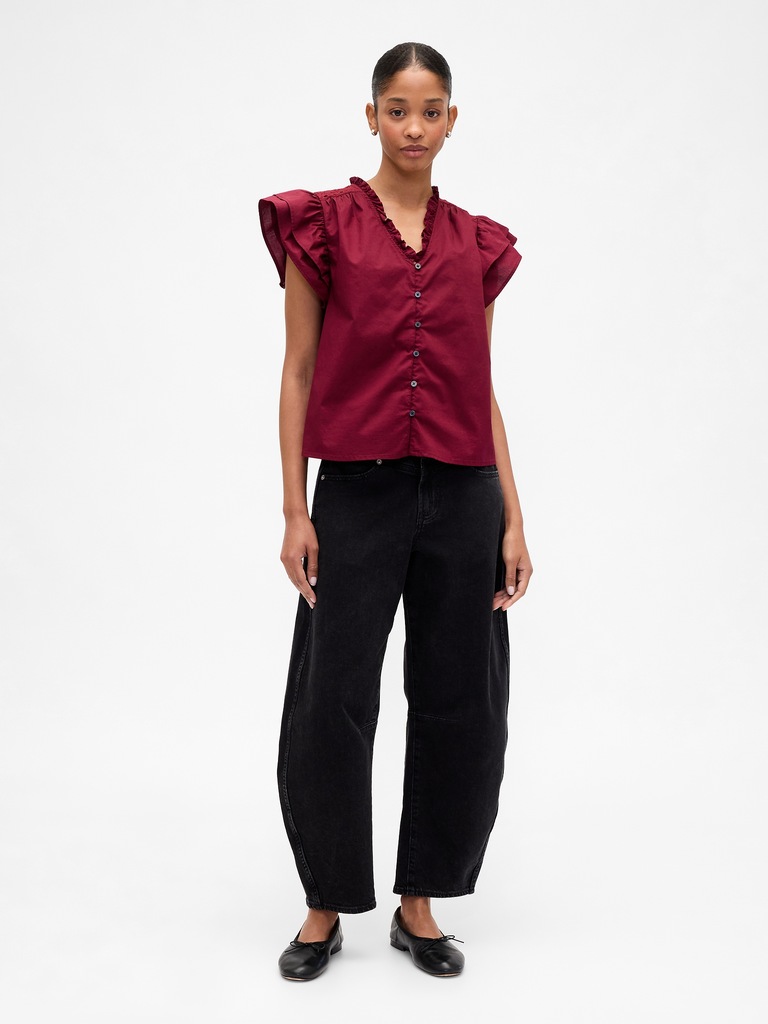Relaxed Poplin Flutter Sleeve Top