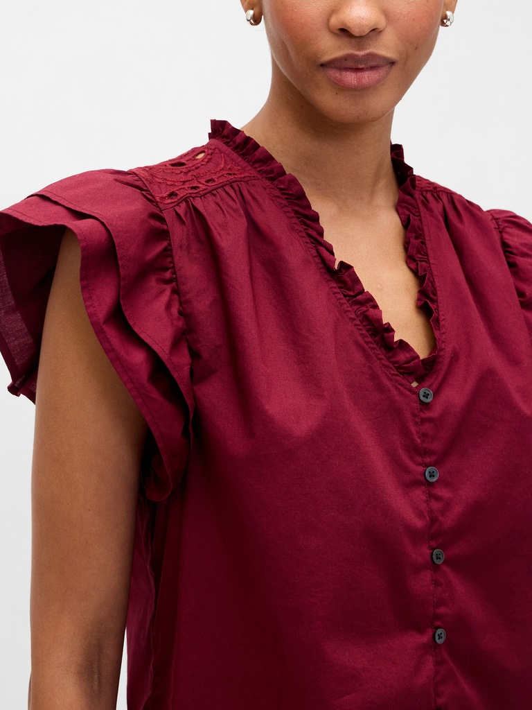 Relaxed Poplin Flutter Sleeve Top