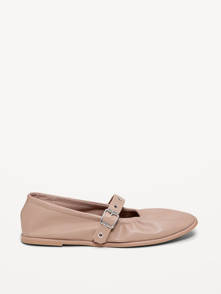Faux-Leather Mary-Jane Scrunch Ballet Flats