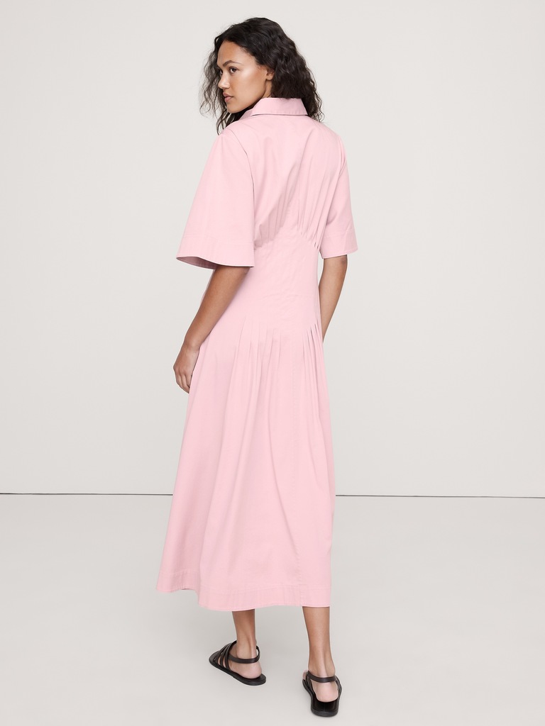 Stretch-Cotton Poplin Pintuck Long-Midi Shirt Dress