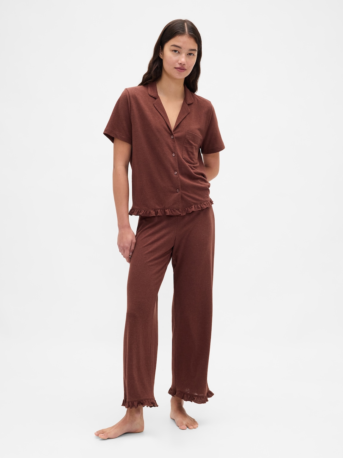 Linen-Blend Ruffle PJ Shirt