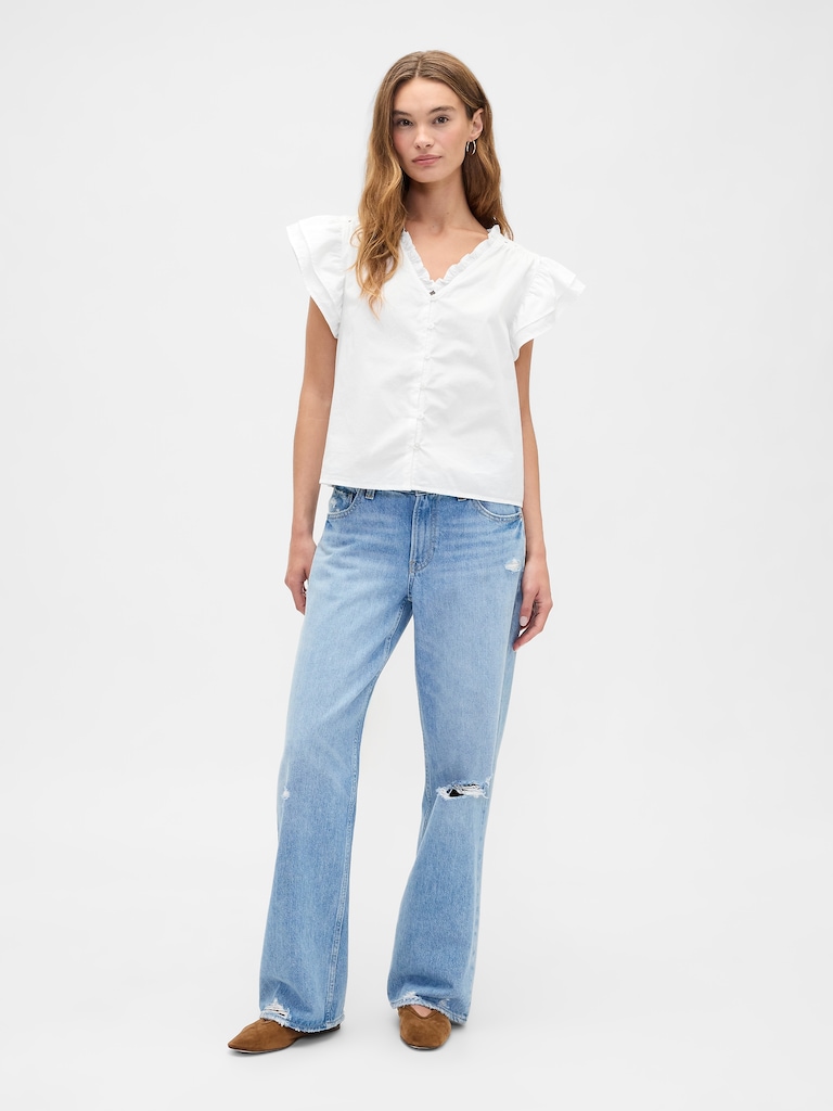 Relaxed Poplin Flutter Sleeve Top