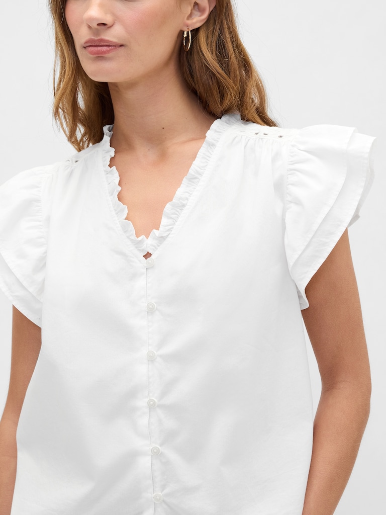 Relaxed Poplin Flutter Sleeve Top
